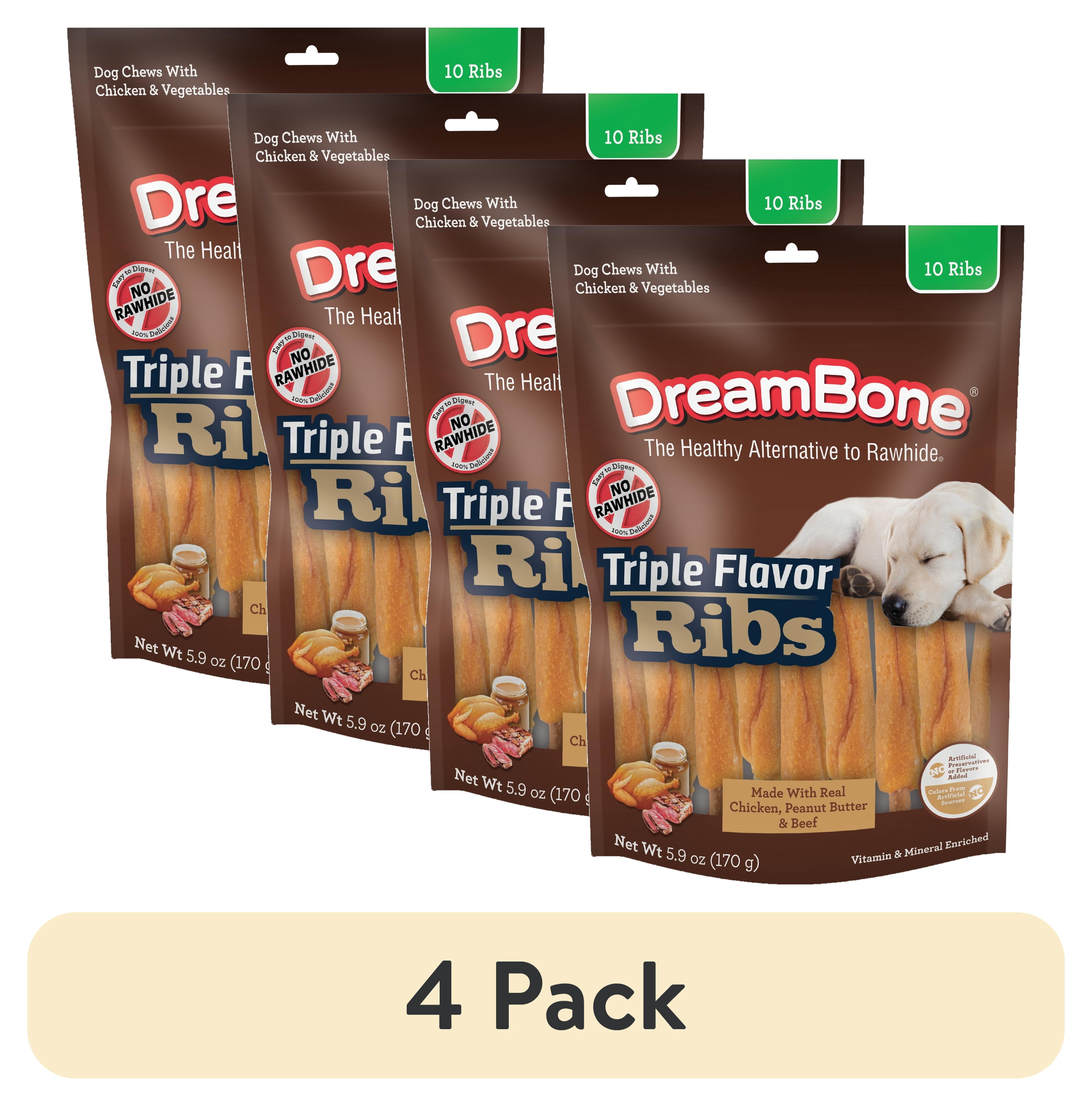 (4 pack) DreamBone Triple Flavor Ribs Rawhide-Free Chews for Dogs, Made with Real Peanut Butter, 10 Count