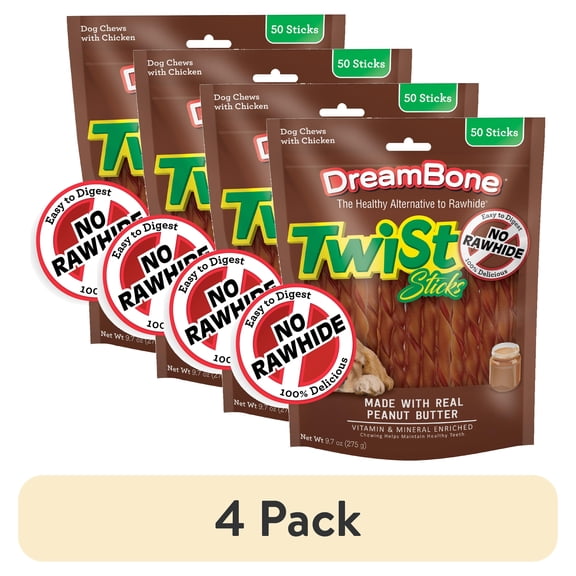 (4 pack) DreamBone Twist Sticks Rawhide-Free Chews for Dogs, with Real Peanut Butter, 50 Count