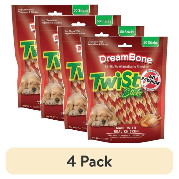 (4 pack) DreamBone Twist Sticks Rawhide-Free Chews for Dogs, with Real Vegetables and Chicken, 50 Count