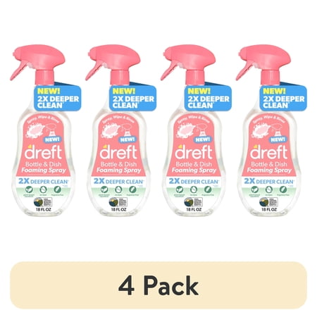 (4 pack) Dreft Foaming Baby Bottle and Dish Cleaning Spray, Plant-Derived Formula, 18 Fl Oz