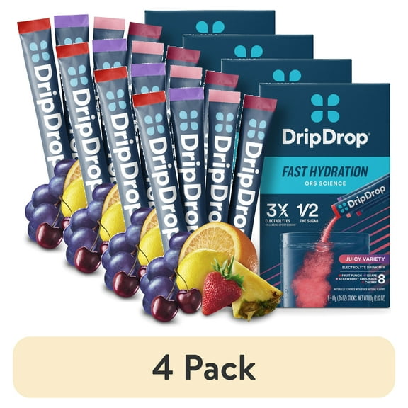 (4 pack) DripDrop Electrolyte Powder Drink Mix for Fast Hydration, Juicy Variety, 0.35 oz, 8 Count Packets