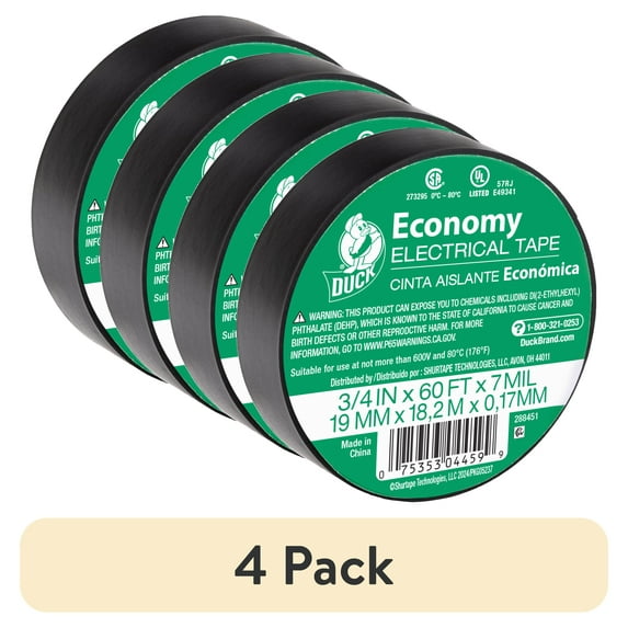 (4 pack) Duck Brand 0.75" x 60 ft. x 7 mm, Black Auto Electrical Tape