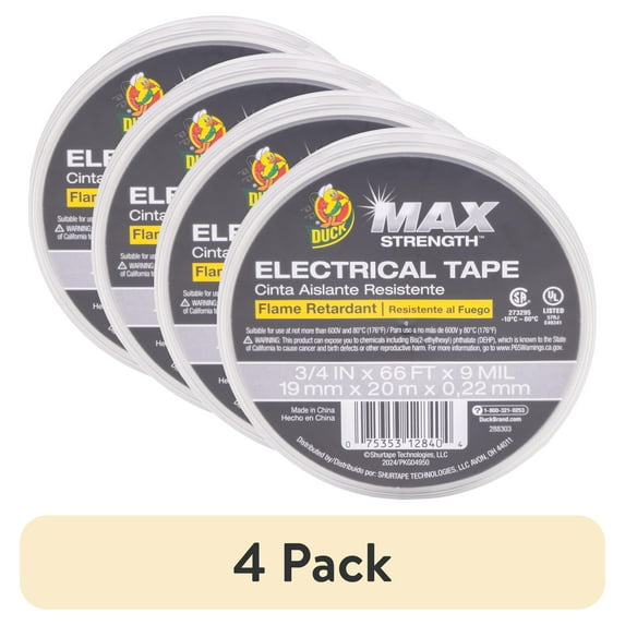 (4 pack) Duck Max Strength Black Electrical Tape, 0.75 in x 66 ft, 9 Mil