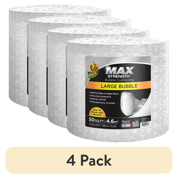 (4 pack) Duck Max Strength Large Bubble Cushioning Wrap Roll, 12 in x 50 ft, Clear, (287222)