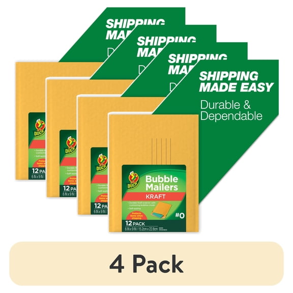 (4 pack) Duck Self-Seal Kraft Bubble Mailer #0, 6" x 9", Solid Manila, 12 Pack