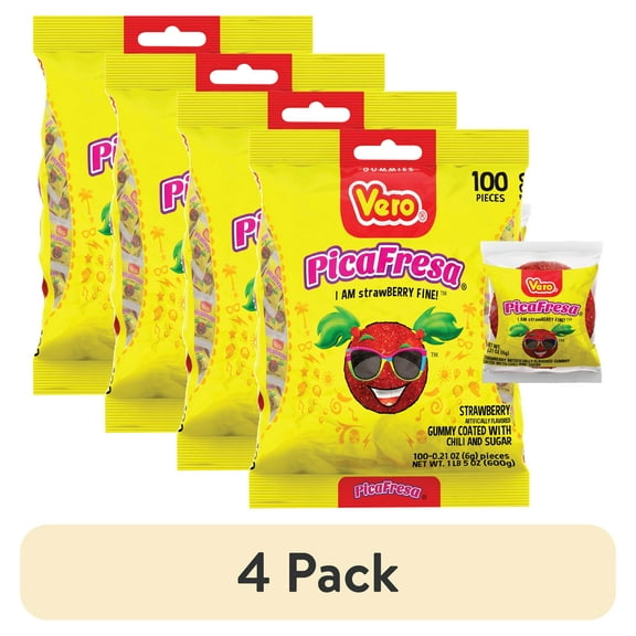 (4 pack) Vero Picafresa Strawberry Gummies with Chili Pepper Powder, 0.21 oz, 100 Count Bag