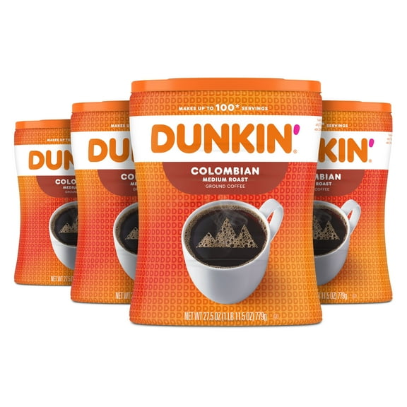 (4 pack) Dunkin’ Colombian Medium Roast Ground Coffee, 27.5 oz Canister