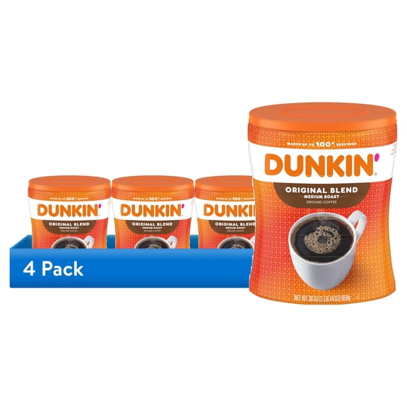 (4 pack) Dunkin’ Original Blend Medium Roast Ground Coffee, 30 oz Canister