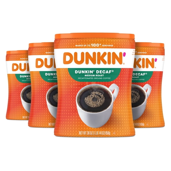 (4 pack) Dunkin Decaf Medium Roast Ground Coffee, 30 oz Canister