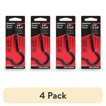 (4 pack) DuraSteel Screw Hook, 1/4" x 4.25", Black, Steel, Outdoor Screw Hook, 60 lbs., 1 Piece