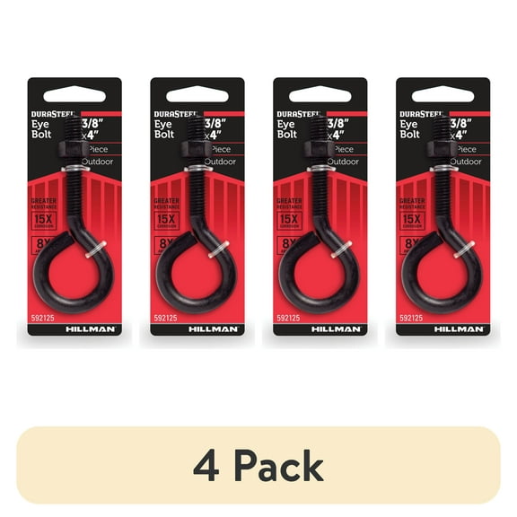 (4 pack) Durasteel Eye Bolt 3/8" - 16 x 2-4", Outdoor & Indoor Eye Bolt, Black, Steel, 1 Piece