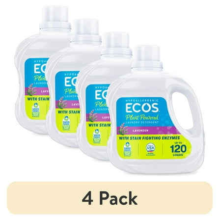 (4 pack) ECOS Hypoallergenic Liquid Laundry Detergent for Sensitive Skin, Lavender, 120 Loads, Laundry Soap, 110 Fl Oz