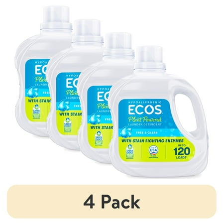 (4 pack) ECOS Hypoallergenic Liquid Laundry Detergent for Sensitive Skin, Free & Clear, 120 Loads, 110oz