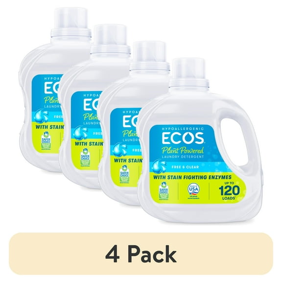 (4 pack) ECOS Hypoallergenic Liquid Laundry Detergent, Free & Clear for Sensitive Skin, 120 Loads, 110oz
