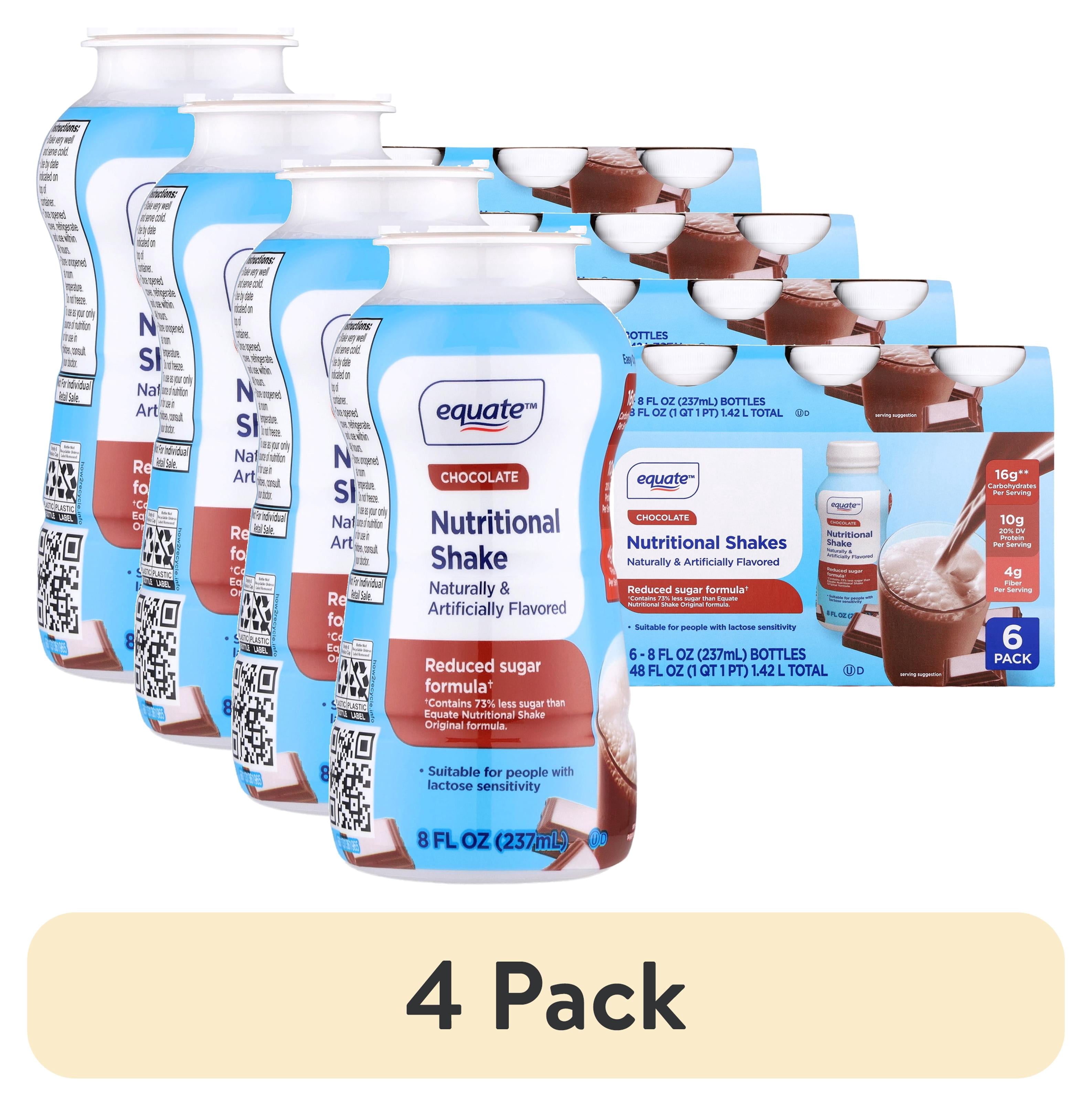 (4 pack) Equate Reduced Sugar Formula Nutritional Shakes, Chocolate, 8 fl oz, 6 Count