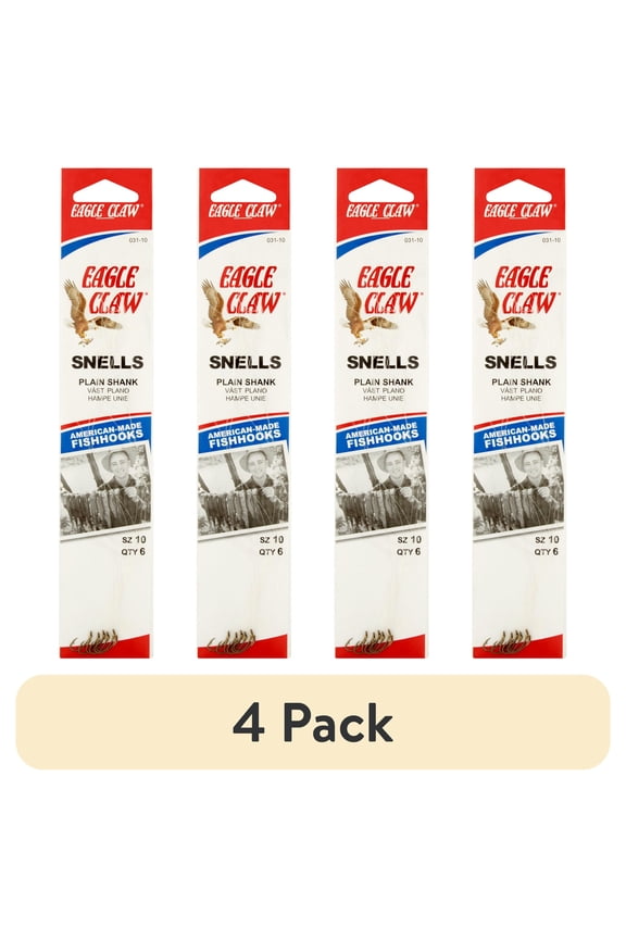 (4 pack) Eagle Claw Plain Shank Snells Fish Hooks, Size 10, 6 Pack