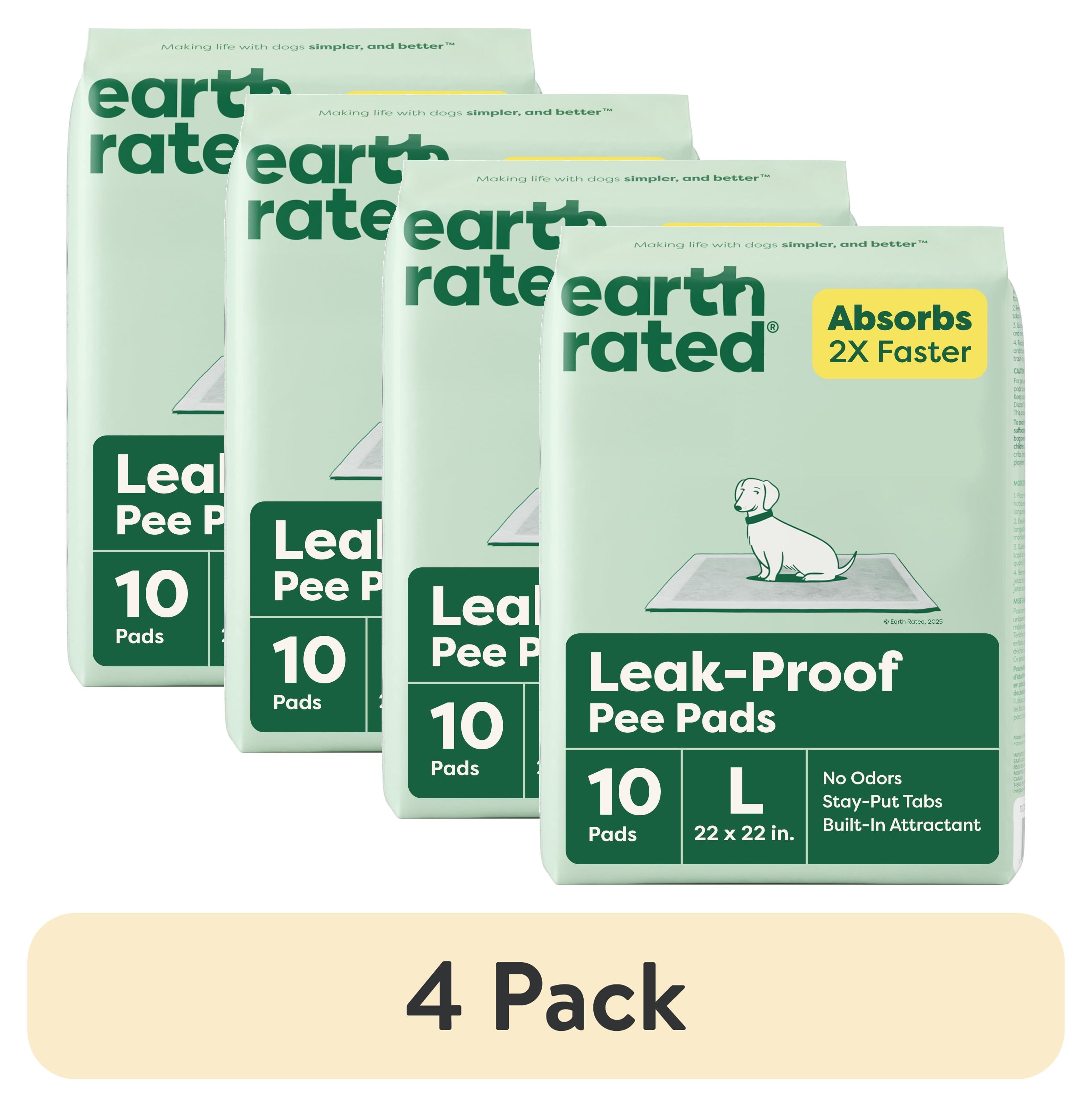 (4 pack) Earth Rated Leak-Proof Pee Pads, Large 22"x22", Unscented, 10 Count