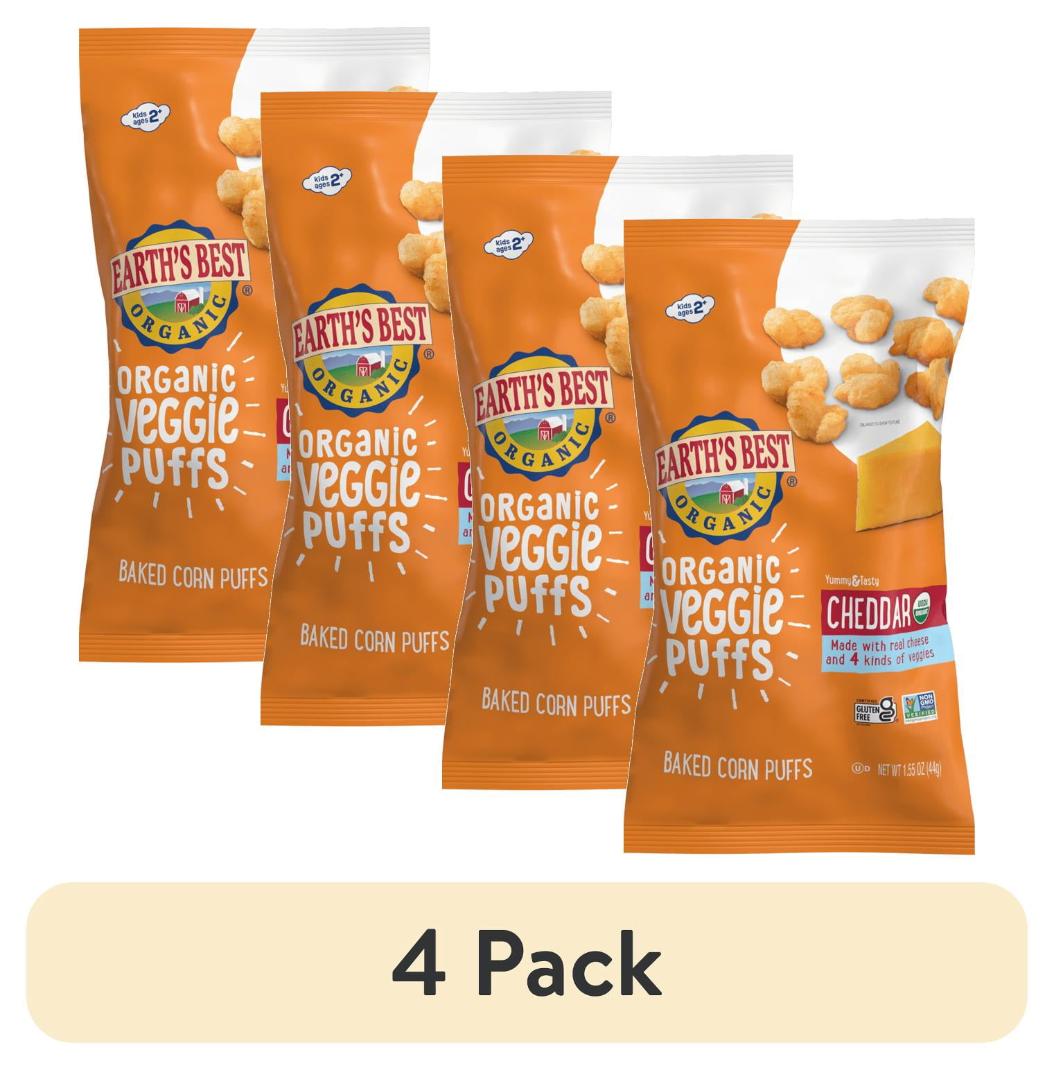 (4 pack) Earth's Best Organic Baby Toddler Snack Cheddar Veggie Puffs, 1.55 oz Bag