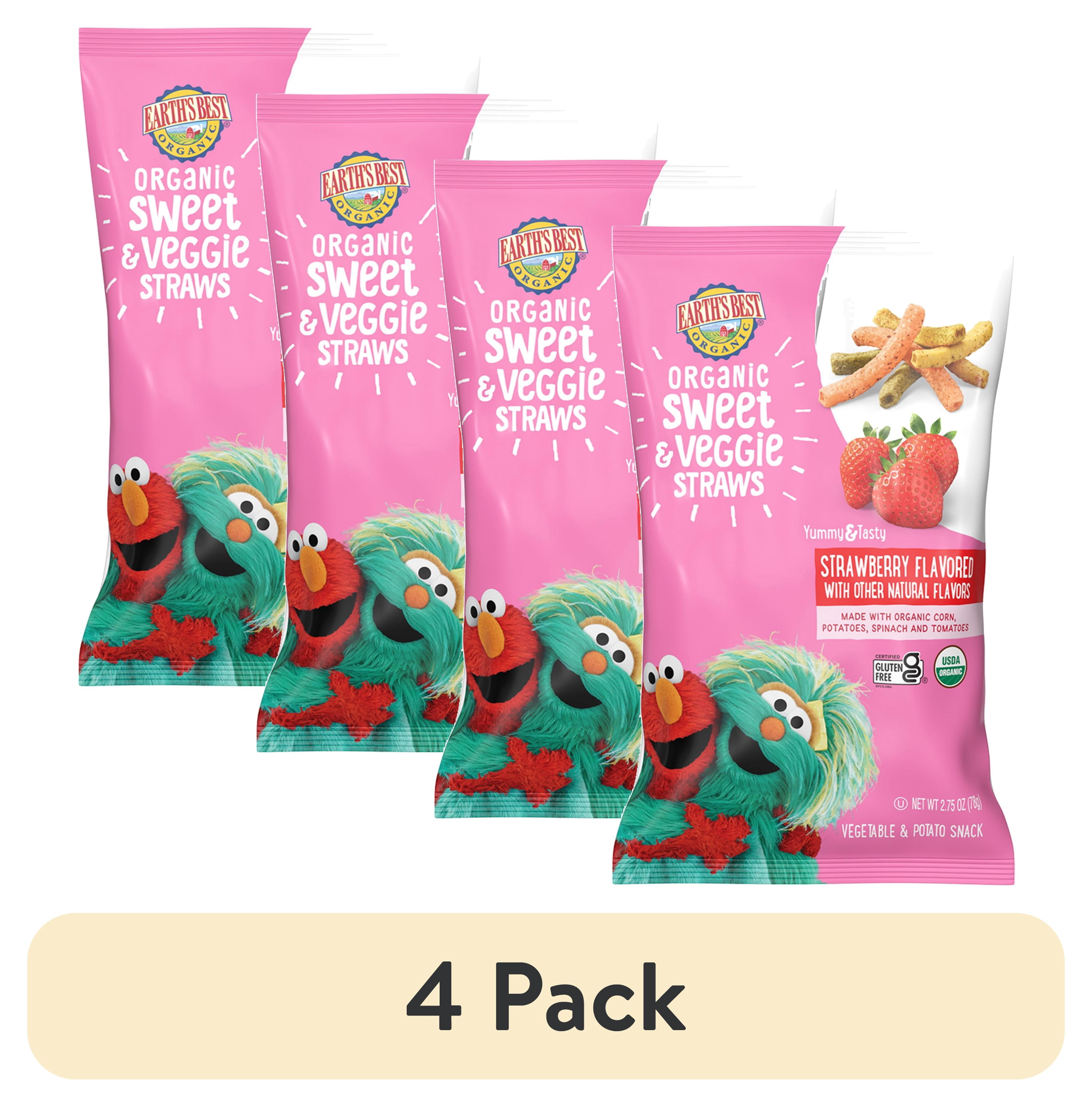 (4 pack) Earth's Best Organic Baby Toddler Snack Strawberry Sweet & Veggie Straws, 2.75 oz Bag