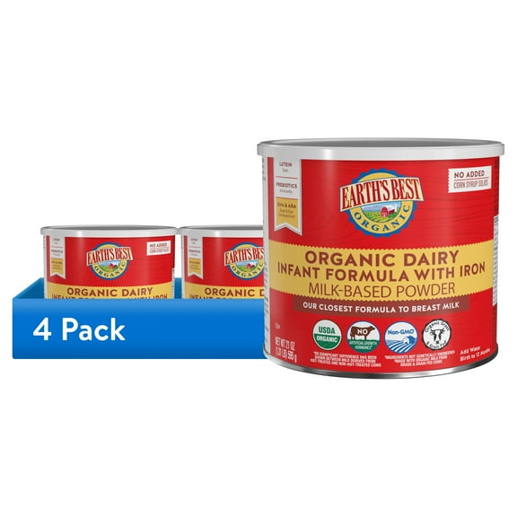 (4 pack) Earth's Best Organic Dairy Powder Baby Formula with Iron DHA & ARA, 21 oz Canister