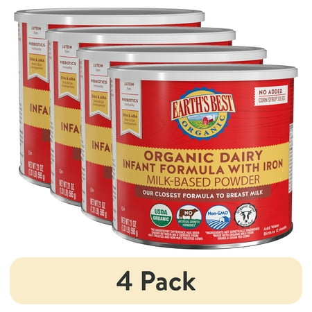 (4 pack) Earth's Best Organic Dairy Powder Baby Formula with Iron DHA & ARA, 21 oz Canister