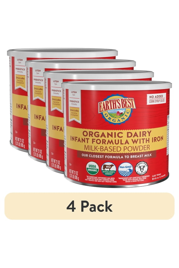 (4 pack) Earth's Best Organic Dairy Powder Baby Formula with Iron DHA & ARA, 21 oz Canister