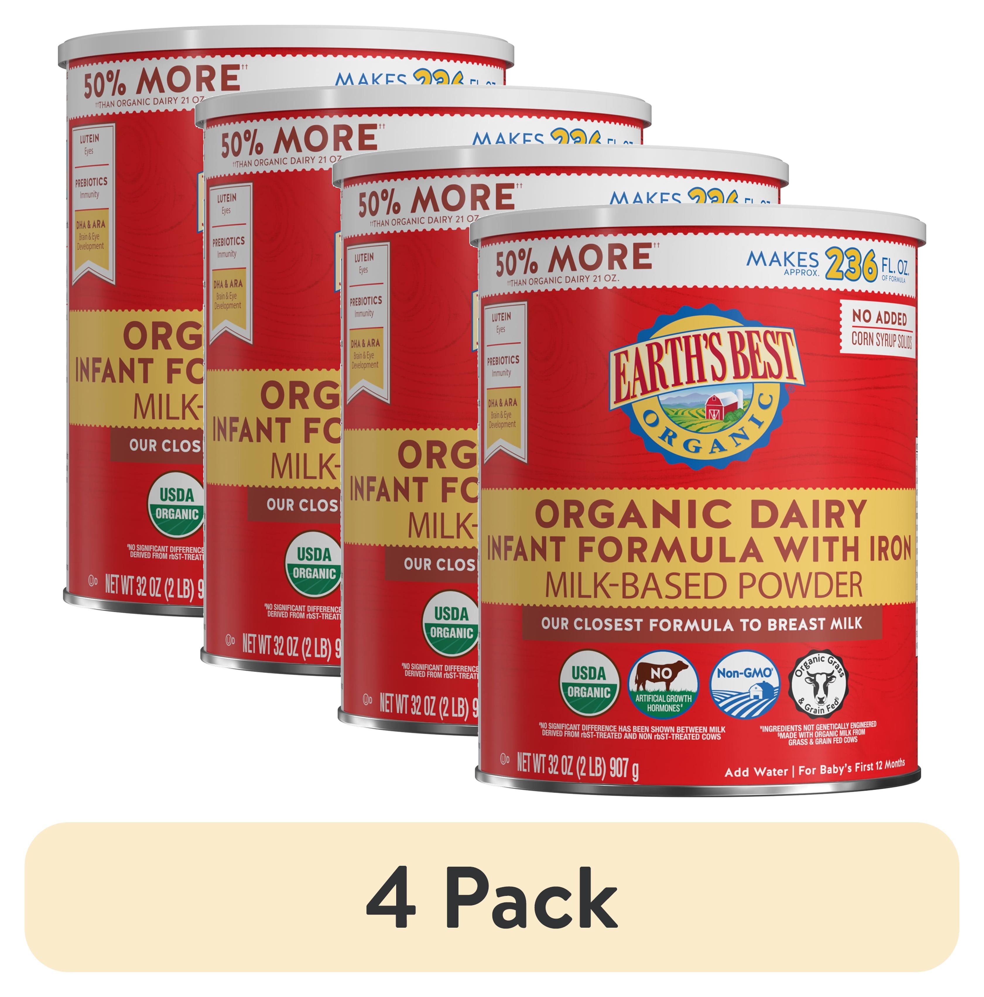 (4 pack) Earth's Best Organic Dairy Powder Baby Formula with Iron DHA & ARA, 32 oz Canister