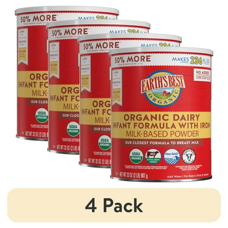 (4 pack) Earth's Best Organic Dairy Powder Baby Formula with Iron DHA & ARA, 32 oz Canister
