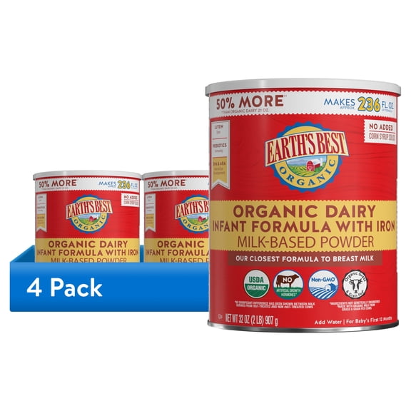 (4 pack) Earth's Best Organic Dairy Powder Baby Formula with Iron DHA & ARA, 32 oz Canister