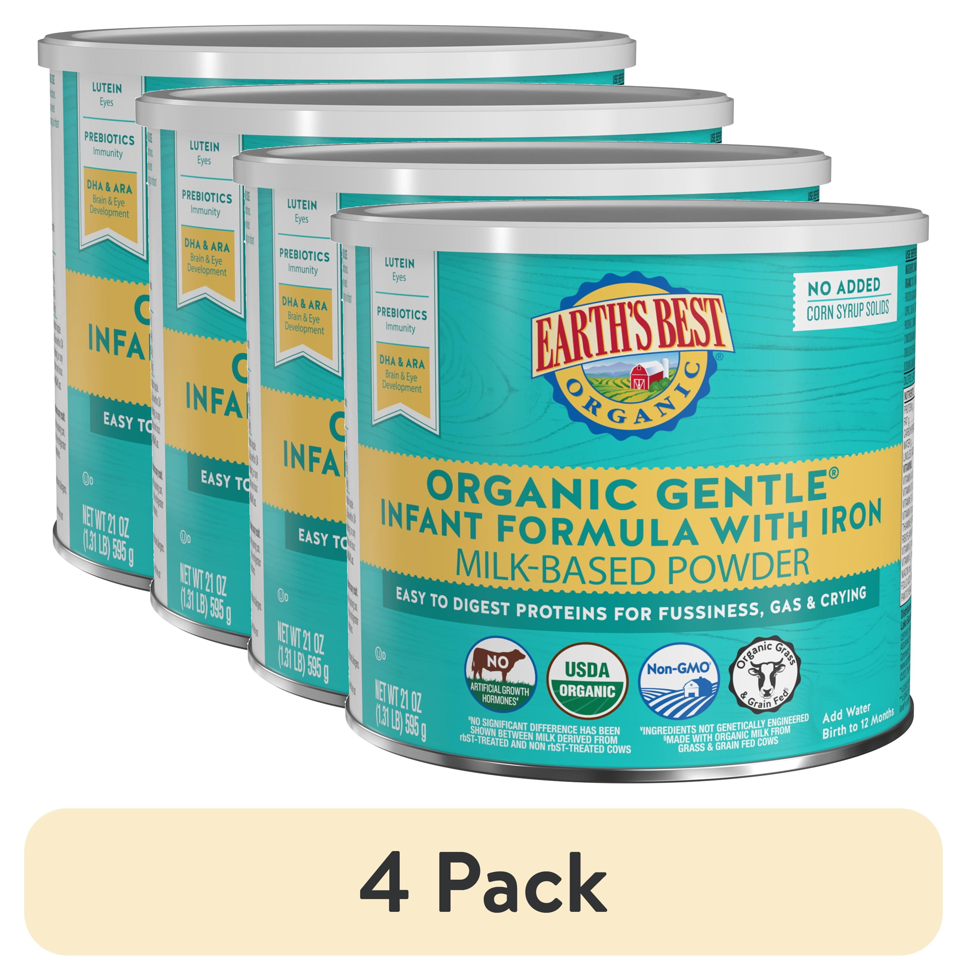 (4 pack) Earth's Best Organic Gentle Powder Baby Formula with Iron DHA & ARA, 21 oz Canister