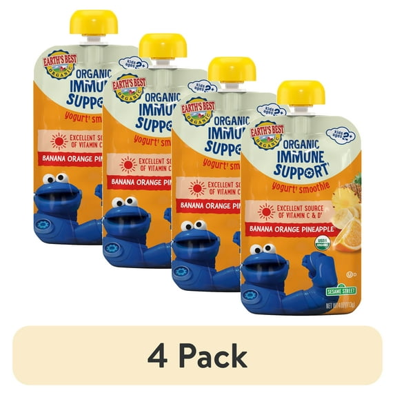 (4 pack) Earth's Best Organic Immune Support Toddler Food, Banana Orange Pineapple Smoothie, 4 oz Pouch