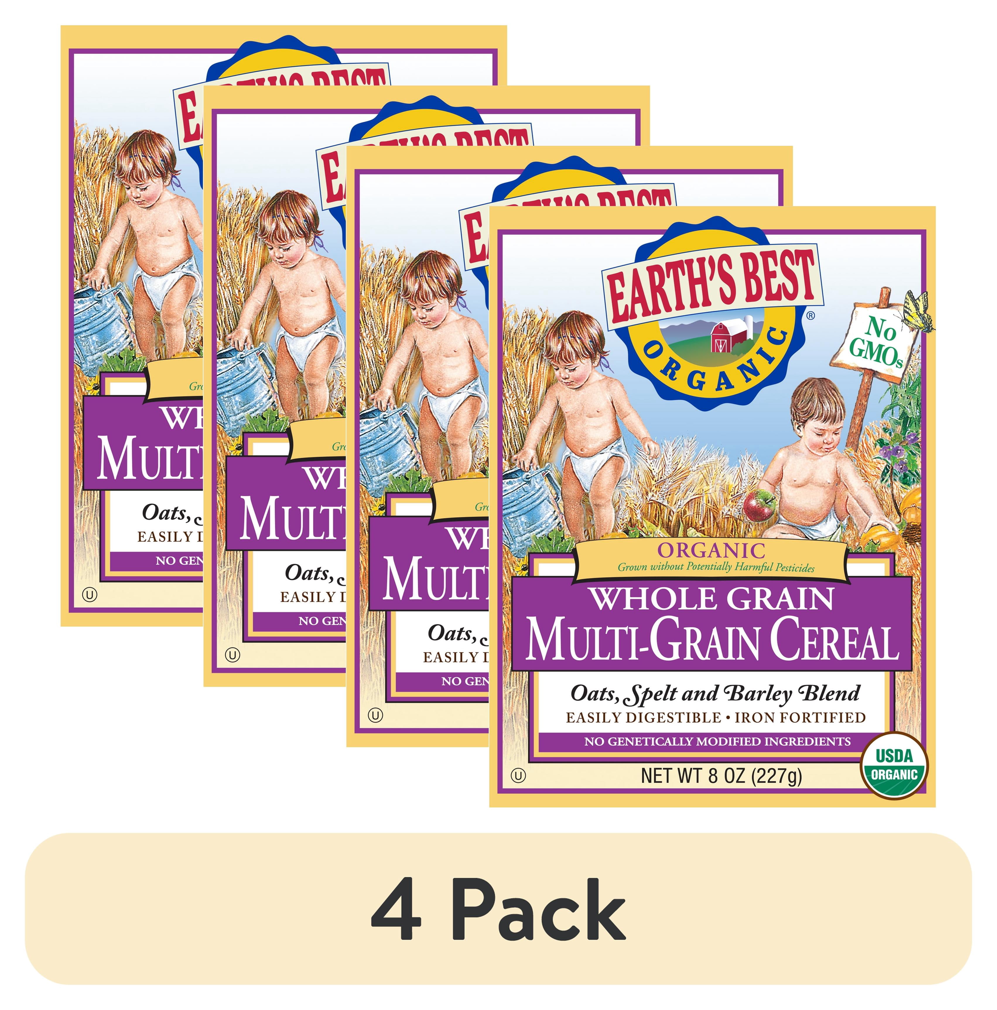 (4 pack) Earth's Best Organic Multi-Grain Baby Infant Cereal 4+ Months, Whole Grain Oats Spelt Barley, Clean Label, Non-GMO, Iron Fortified, 8 oz Box