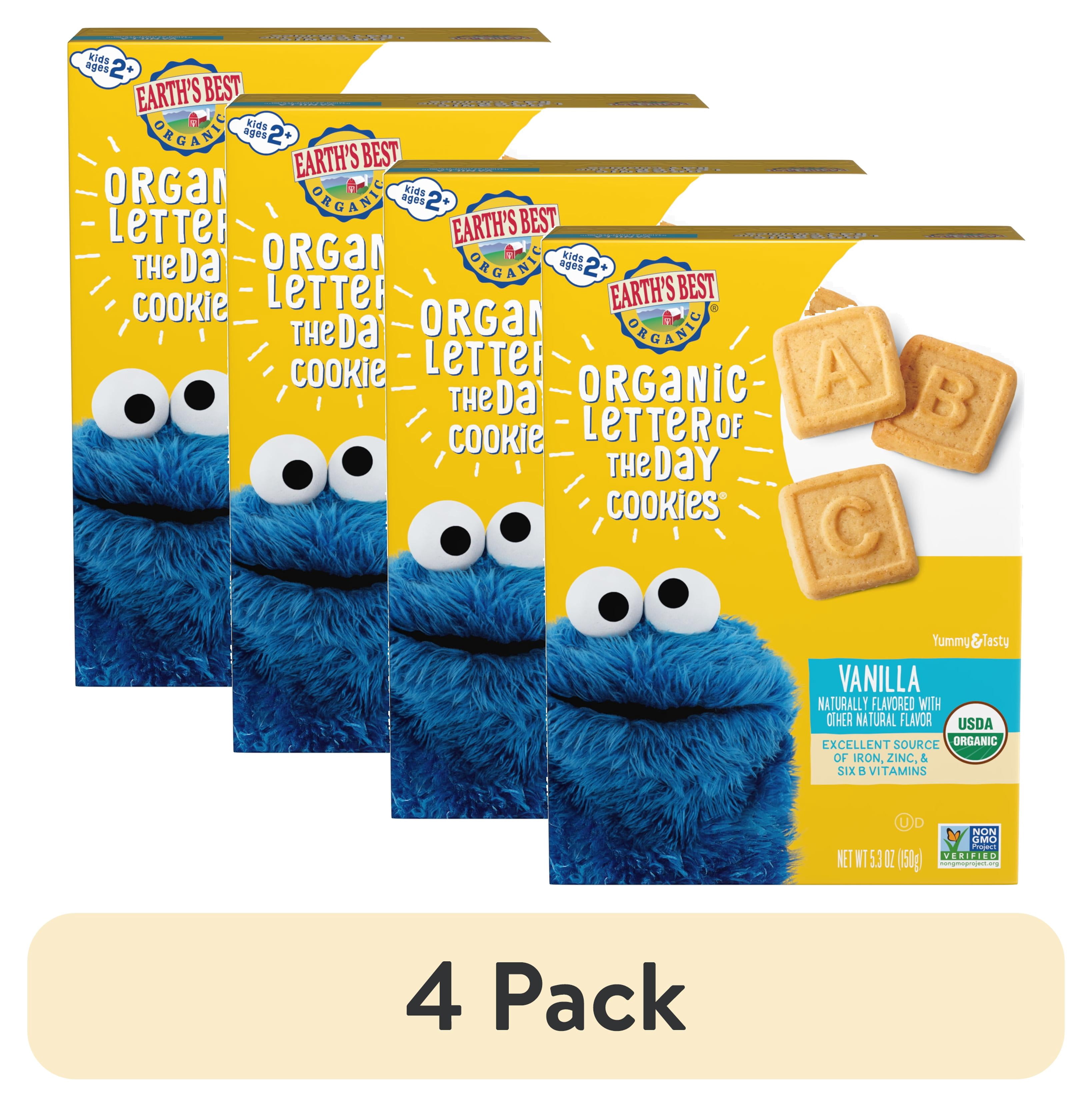 (4 pack) Earth's Best Organic Letter of the Day Toddler Snack Vanilla Cookies, 5.3 oz