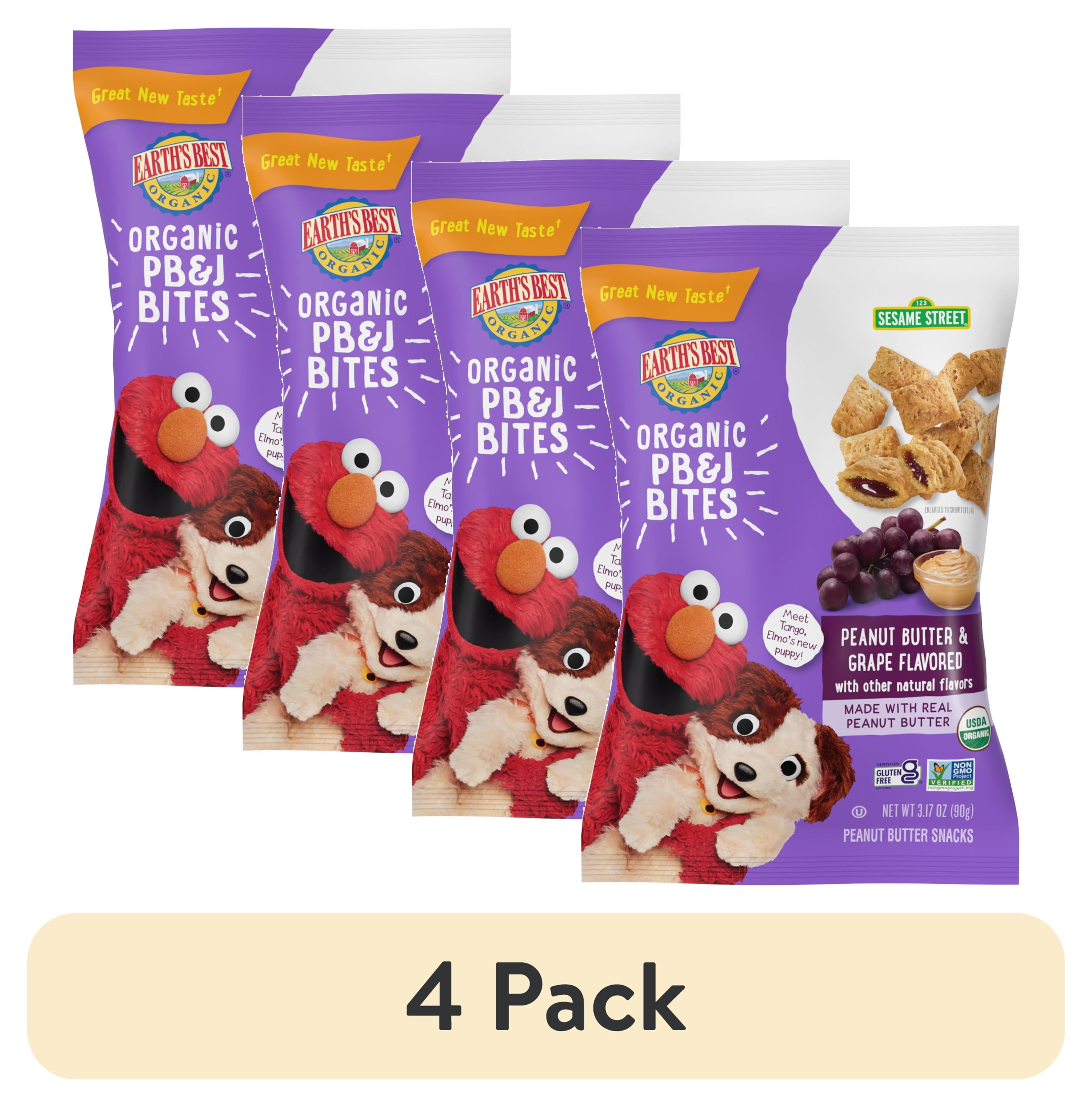 (4 pack) Earth's Best Organic Peanut Butter Grape PB&J Bites Toddler Baby Snack, 3.17 oz Bag