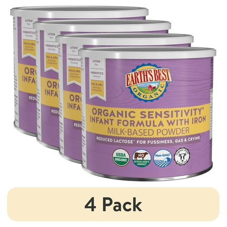 (4 pack) Earth's Best Organic Sensitivity Powder Baby Formula with Iron DHA & ARA, 21 oz Canister