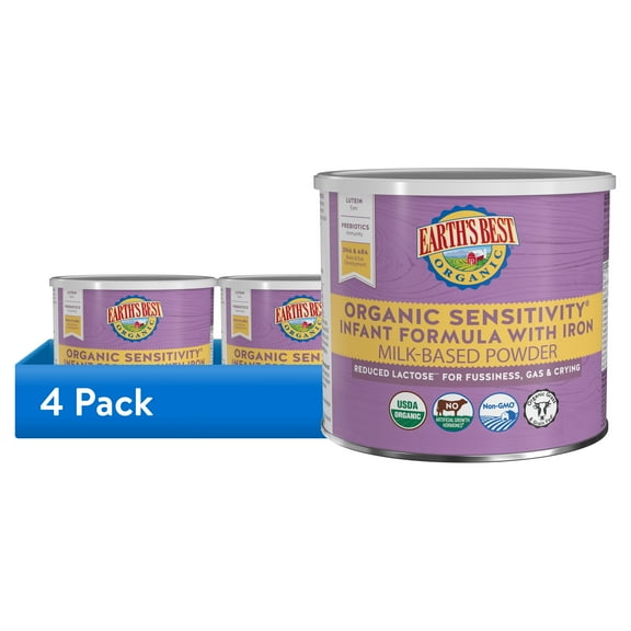 (4 pack) Earth's Best Organic Sensitivity Powder Baby Formula with Iron DHA & ARA, 21 oz Canister