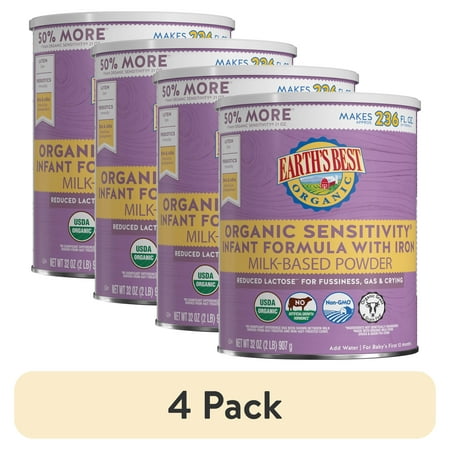 (4 pack) Earth's Best Organic Sensitivity Powder Baby Formula with Iron DHA & ARA, 32 oz Canister