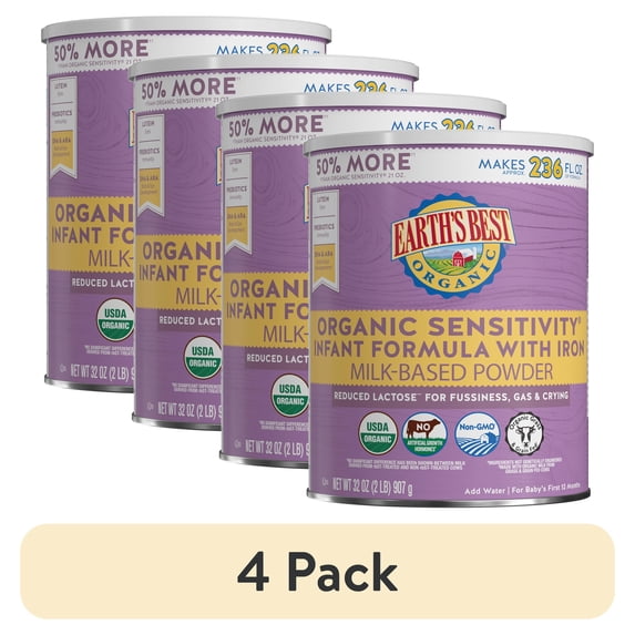 (4 pack) Earth's Best Organic Sensitivity Powder Baby Formula with Iron DHA & ARA, 32 oz Canister
