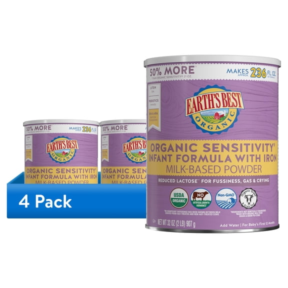 (4 pack) Earth's Best Organic Sensitivity Powder Baby Formula with Iron DHA & ARA, 32 oz Canister