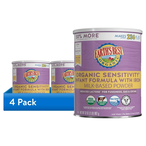 (4 pack) Earth's Best Organic Sensitivity Powder Baby Formula with Iron DHA & ARA, 32 oz Canister