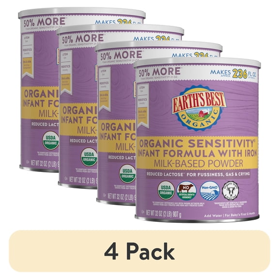 (4 pack) Earth's Best Organic Sensitivity Powder Baby Formula with Iron DHA & ARA, 32 oz Canister