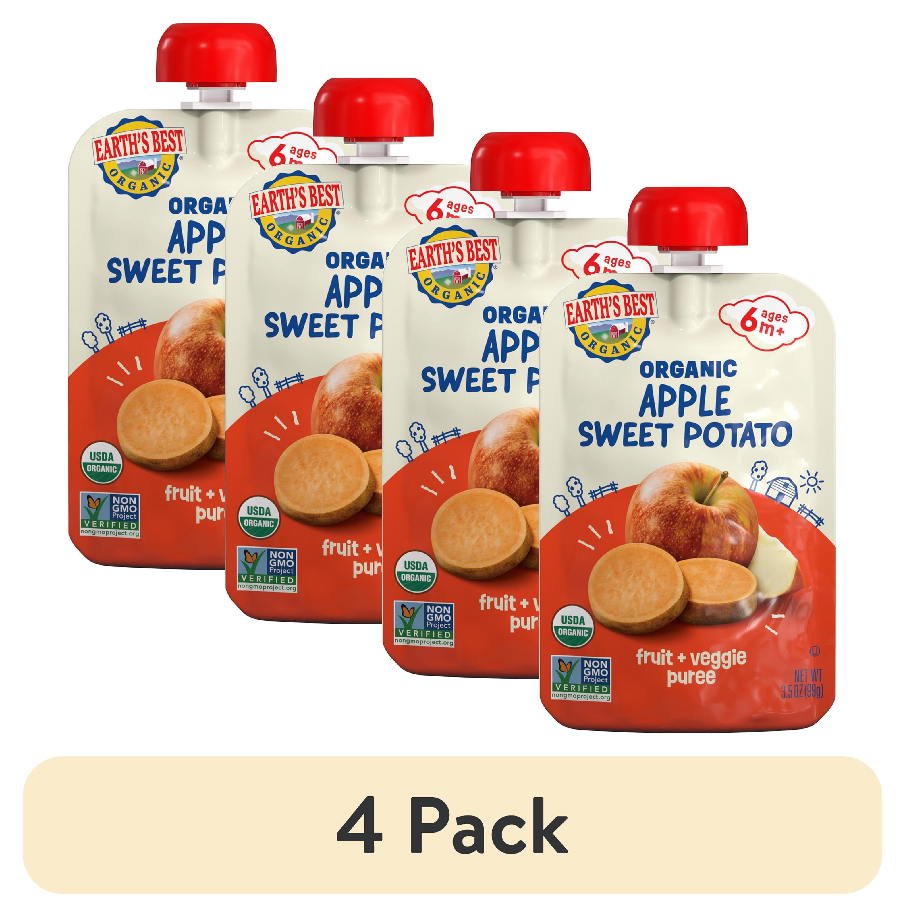 (4 pack) Earth's Best Organic Stage 2 Baby Food, Apple Sweet Potato Puree, 3.5 oz Pouch