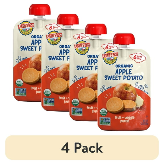 (4 pack) Earth's Best Organic Stage 2 Baby Food, Apple Sweet Potato Puree, 3.5 oz Pouch