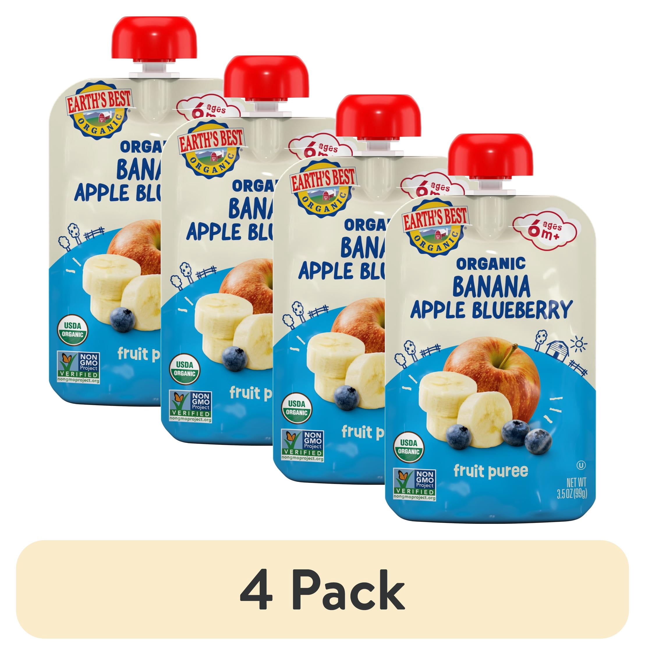 (4 pack) Earth's Best Organic Stage 2 Baby Food, Banana Apple Blueberry Fruit Puree, 3.5 oz Pouch