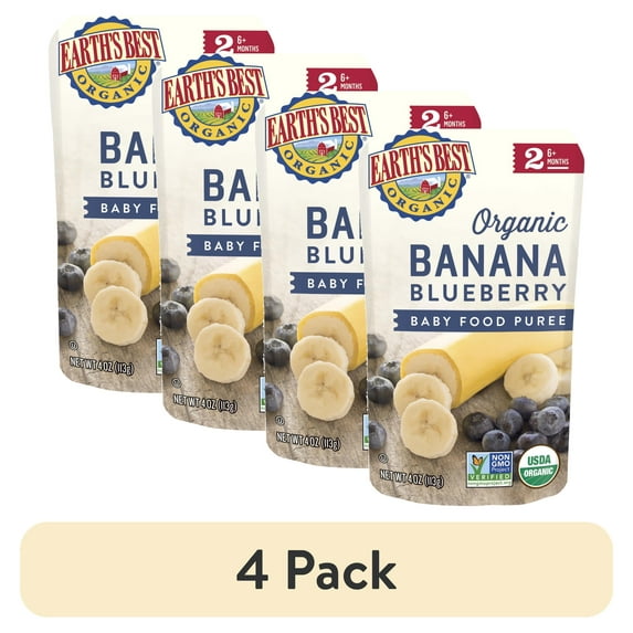 (4 pack) Earth's Best Organic Stage 2 Baby Food, Banana Blueberry, 4 oz Pouch