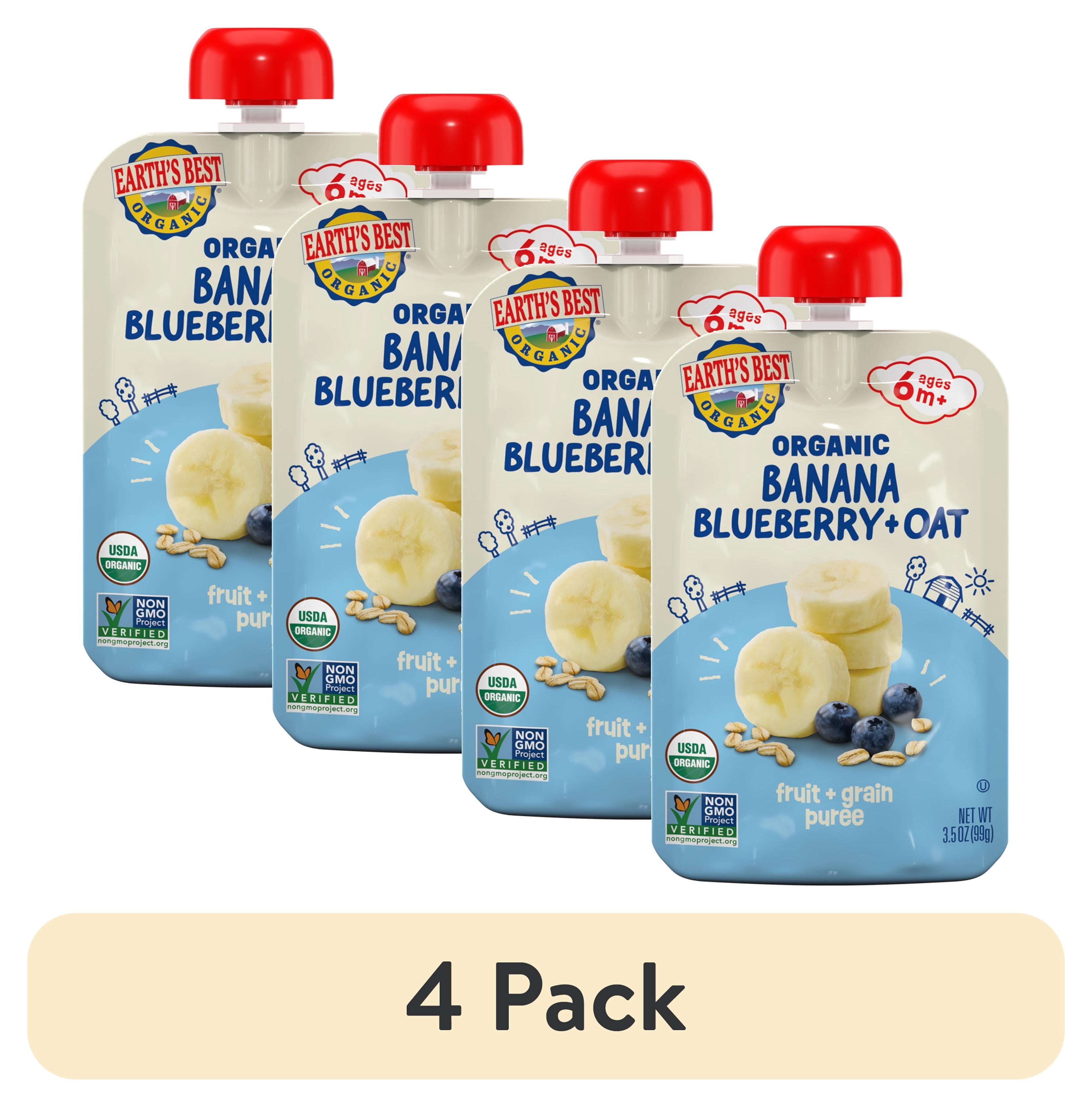(4 pack) Earth's Best Organic Stage 2 Baby Food, Banana Blueberry Oat Fruit & Grain Puree, 3.5 oz Pouch