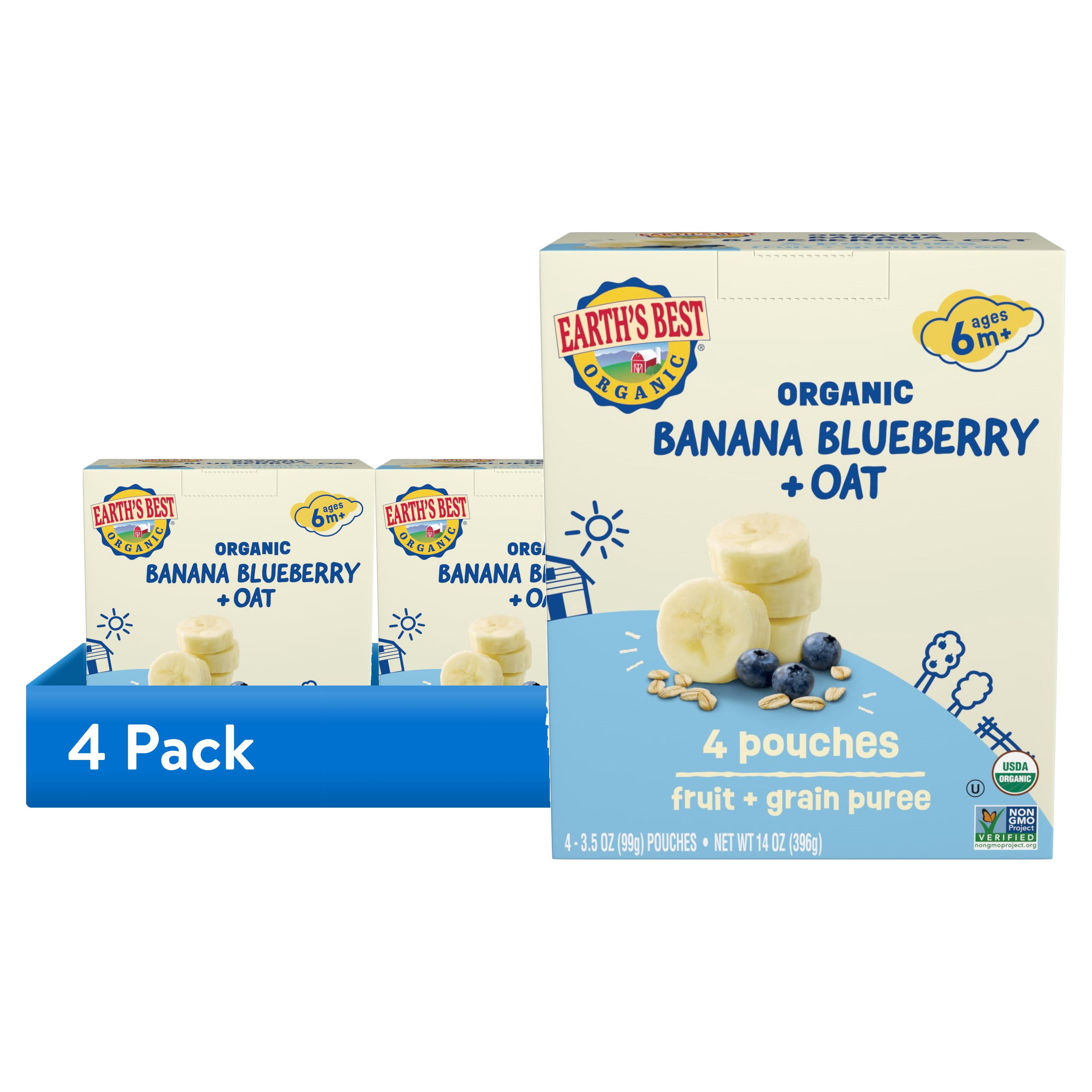 (4 pack) Earth's Best Organic Stage 2 Baby Food, Banana Blueberry Oat Puree, 3.5 oz Pouches (4 Pack)