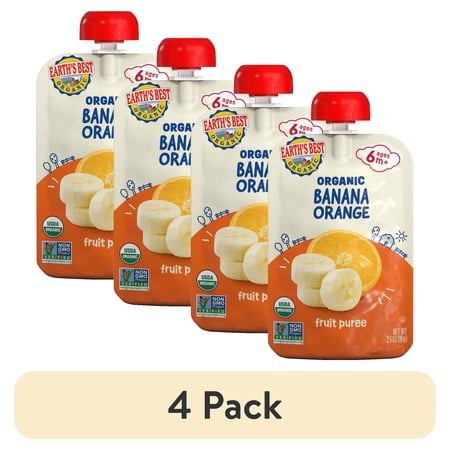 (4 pack) Earth's Best Organic Stage 2 Baby Food, Banana Orange Fruit Puree, 3.5 oz Pouch