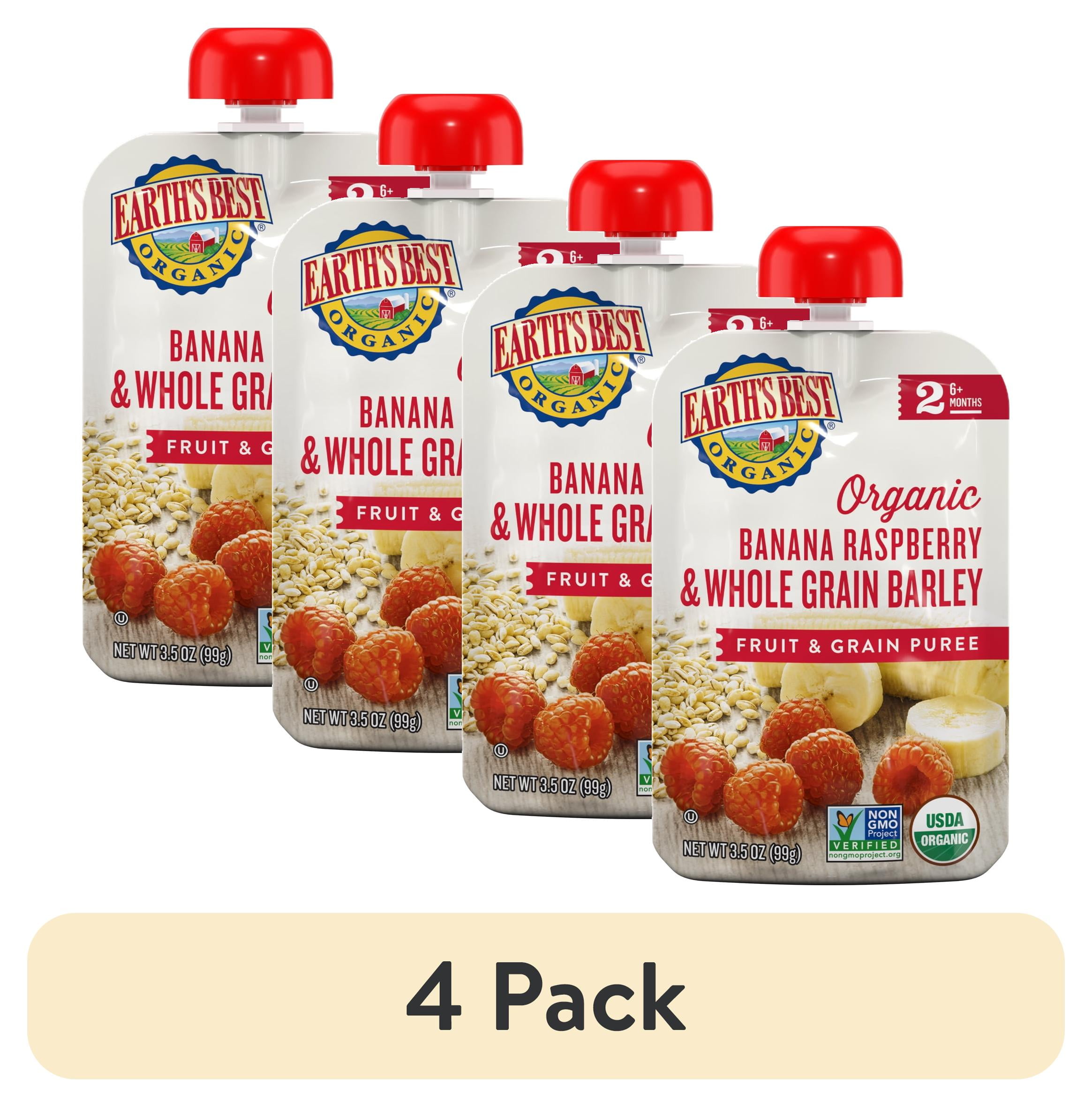 (4 pack) Earth's Best Organic Stage 2 Baby Food, Banana Raspberry Barley Fruit & Grain Puree, 3.5 oz Pouch