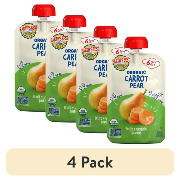 (4 pack) Earth's Best Organic Stage 2 Baby Food, Carrot Pear Fruit & Veggie Puree, 3.5 oz Pouch